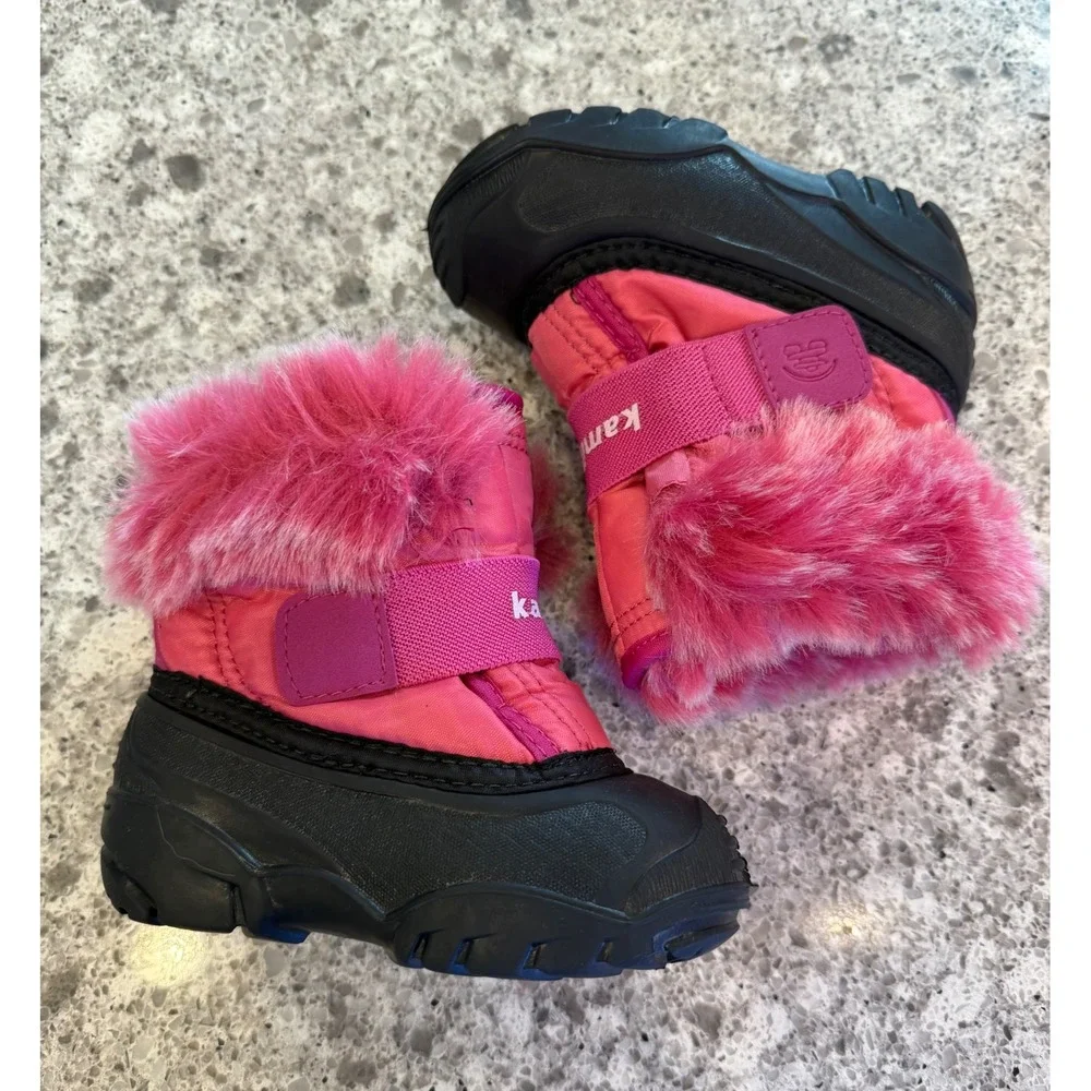 Kamik Kids Pink Black Faux Fur Trim Waterproof Winter Snow Boots Size 7 Toddler